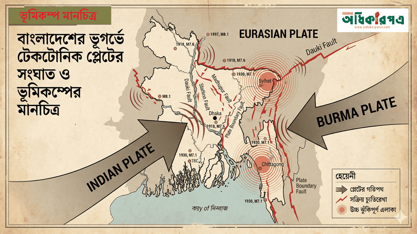 বাংলাদেশের ভূমিকম্প মানচিত্র: ভৌগোলিক অবস্থান, সক্রিয় টেকটোনিক প্লেটসমূহ, এবং সক্রিয় চ্যুতিরেখা (Fault lines)